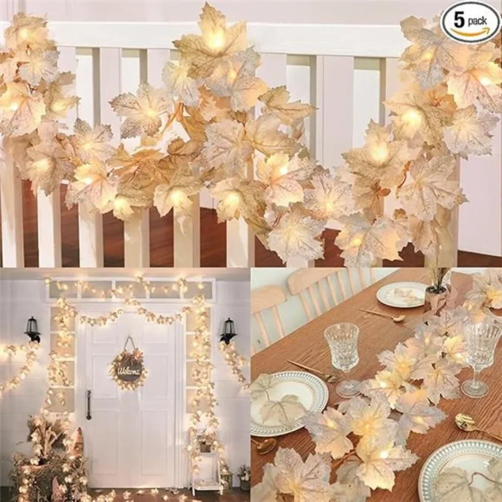 5 Pack Thanksgiving Garland with Lights Maple Leaf String Lights - Total 32.5ft